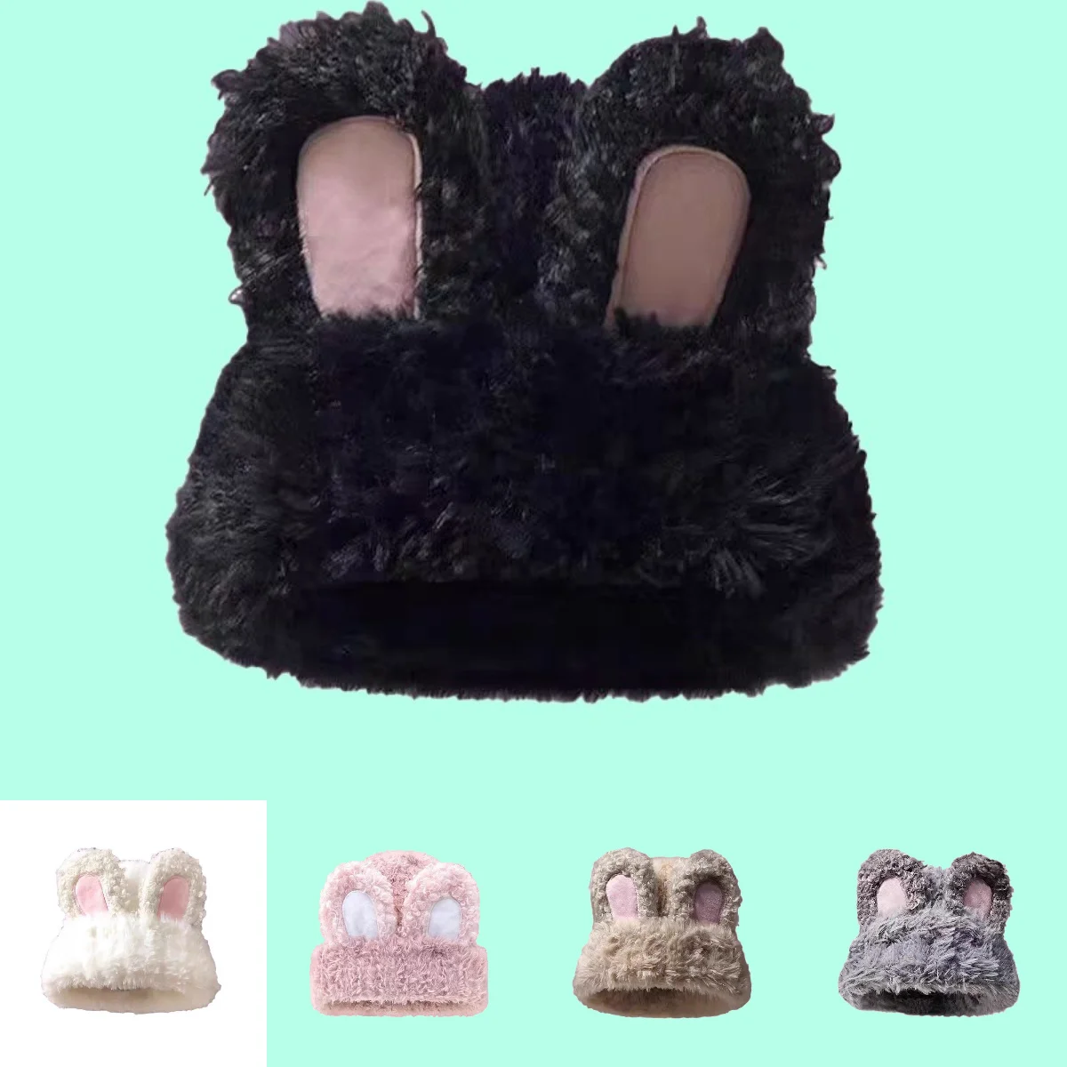 

Cute Rabbit Ears Solid Colour Warm Cap Autumn Winter Plush Knitted Cap Female Plush Fluffy Wrap Head Cold Cap Beanies Skullies