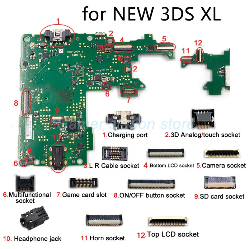 For NEW 3DS Charging Port LCD Cable Socket Horn Cable Connector SD Card Slot Socket Compatible for NEW 3DS XL for NEW 3DS LL