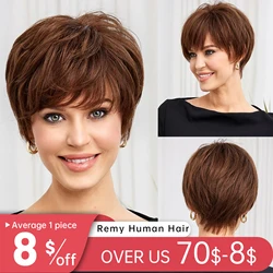 Perruque Bob Lace Front Wig Remy Naturelle, Cheveux Humains, Coupe Pixie, Transparente HD, Brune, Courte, Couche Naturelle, pour Femme Africaine