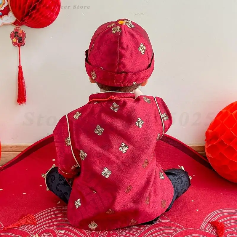 بدلة تانغ التقليدية للأطفال الصغار بأكمام قصيرة لمهرجان الربيع الصيني ملابس السنة الجديدة ملابس هانفو بعمر سنة واحدة #3