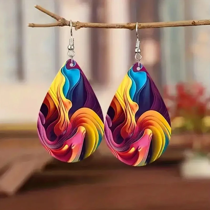 Boho Leather Water Drop Earrings Vintage Double Sided Colorful Oil Painting Earrings For Women