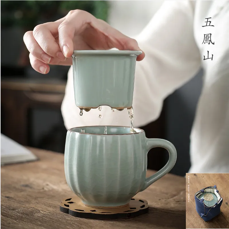 

Ru Ware Mug Tea and Water Separation with Cover Strain Cup Office Infuser Desktop Set Ceramic