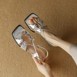 Phoentin Hollow Design Sandals Women 2024 Peep Toe Summer Shoes Narrow Bands Low Heels Silver Color Plus Size FT3637