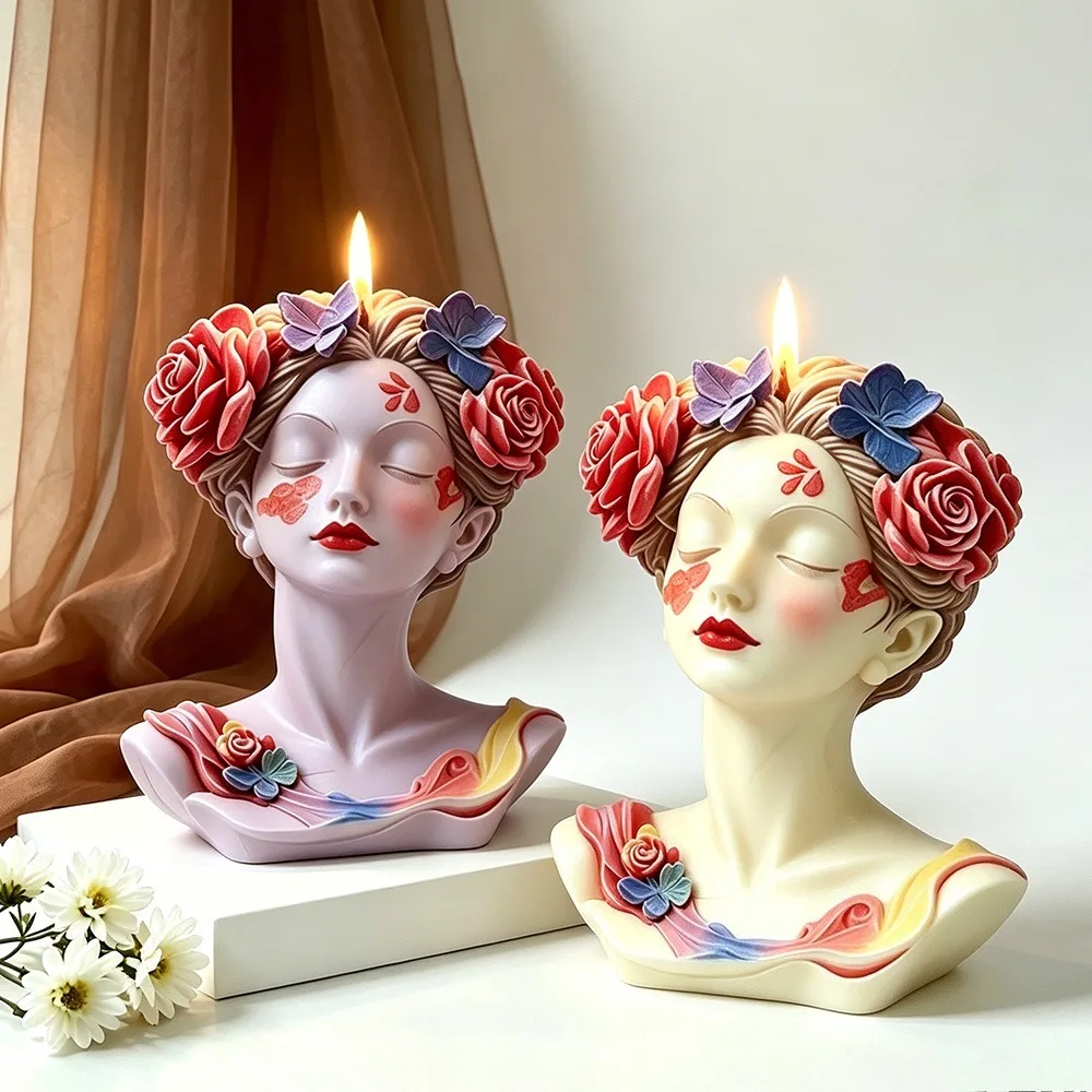 Flora Goddess Candle Mold Closed Eye Woman Flower Headdress for Plaster Clay DIY Desktop Decor Gift Mother's Day Home Decor