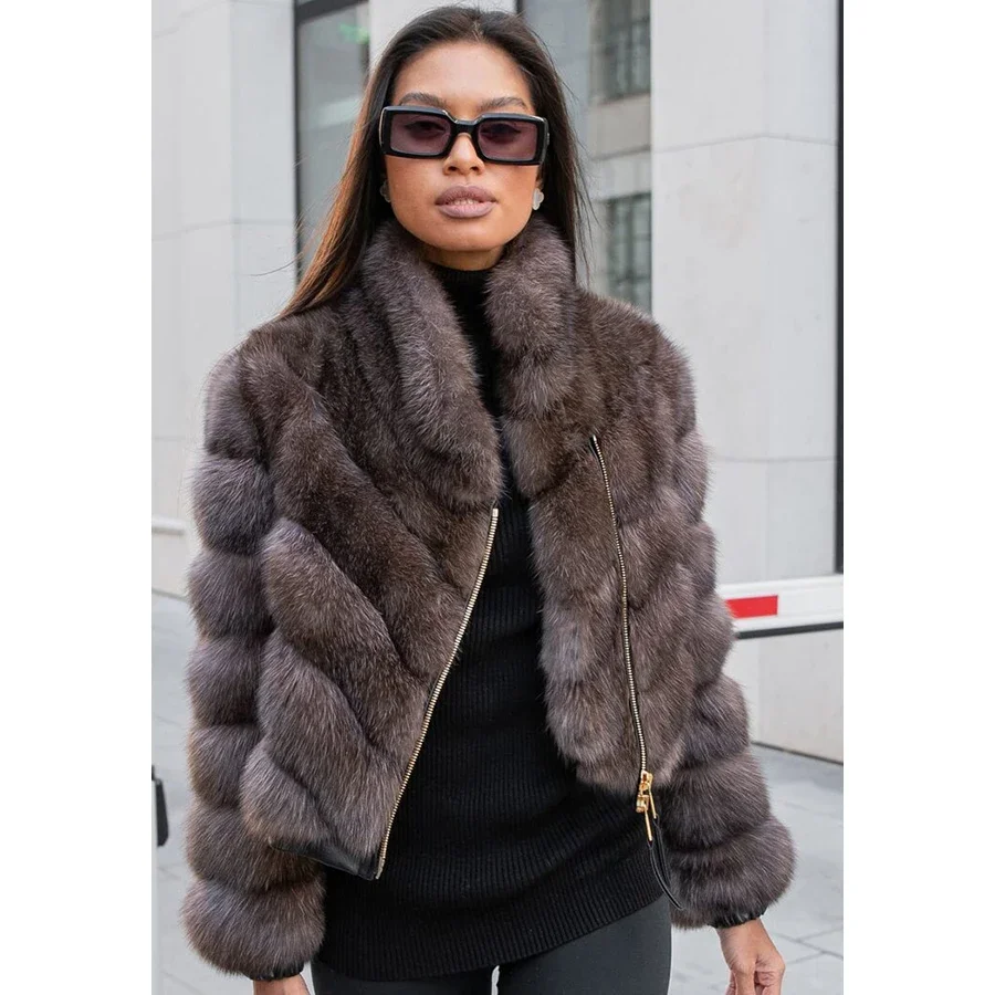 

Women's Natural Fur Coat Stand Collar Cropped Fox Fur Jackets With Zipper 2024 High Quality Luxury Real Fur Jackets