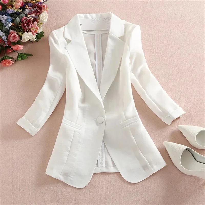 

Женский летний пиджак с тонкими полосками и рукавами 7 дюймов, идеально подходящий для создания элегантного, модного и повседневного образа.