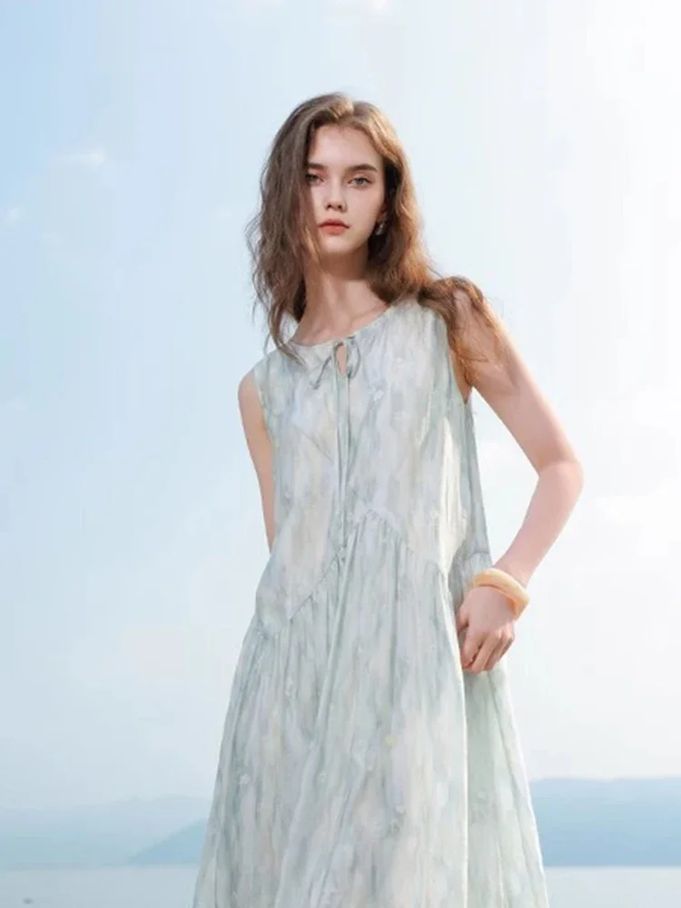 فستان طويل نسائي كاجوال عتيق بدون أكمام فستان صيفي فضفاض بياقة دائرية وأربطة فستان فرنسي قديم