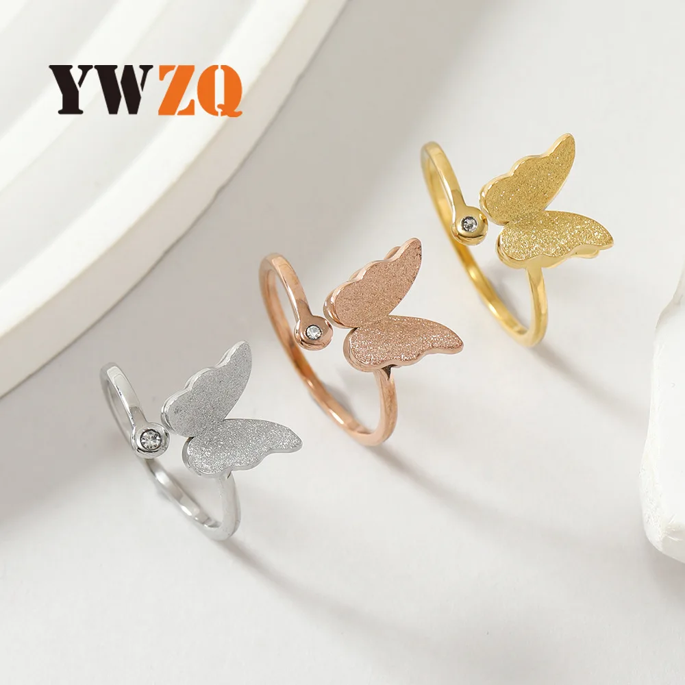 1pcs Hot Selling high-end Titanium Steel Ring For women's Niche Frosted Butterfly Opening Diamond Inlaid Titanium Steel Jewelry