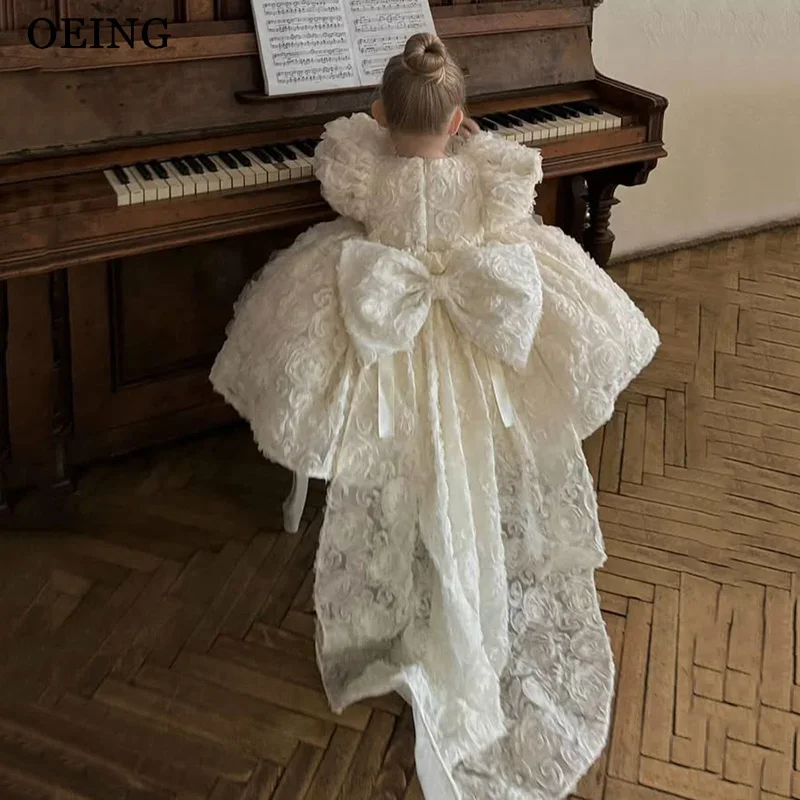 Custom Luxury Flower Girl Dress Wedding Birthday Party Pageant Catwalk Puff Sleeve 3D Floral Big Bow Ivory Train Kids Gown فساتي