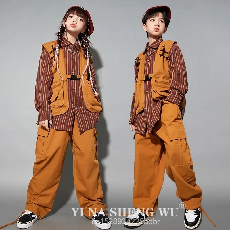 costume-pour-enfants-chemise-a-rayures-gilet-marron-pantalon-hip-hop-tenues-de-danse-jazz-pour-filles-streetwear-pour-garcons