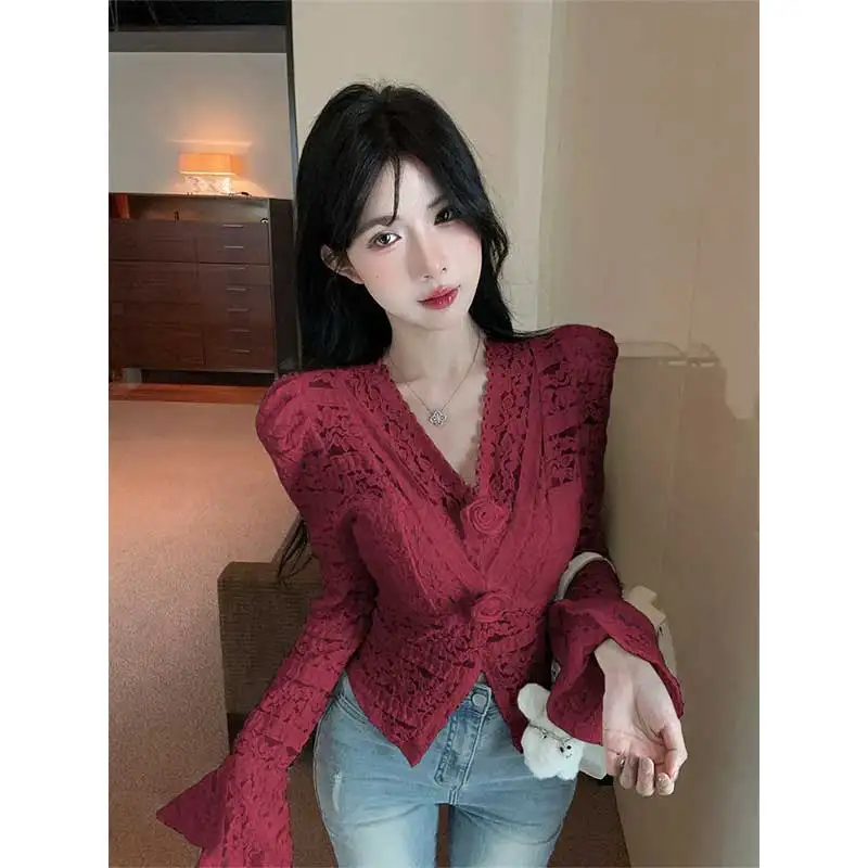 Women Clothes Spring Autumn Fashion Simplicity Office Lady Lace Solid Color V-neck Female Fashionable Appear Thin Long Sleeve To