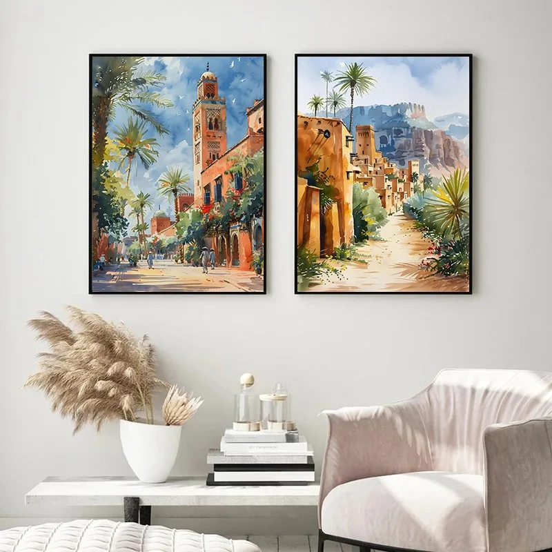 Africa Morocco City Landscape Travel Poster Essaouira Marrakesh Scenery Watercolor Canvas Art Painting Picture Wall Home Decor