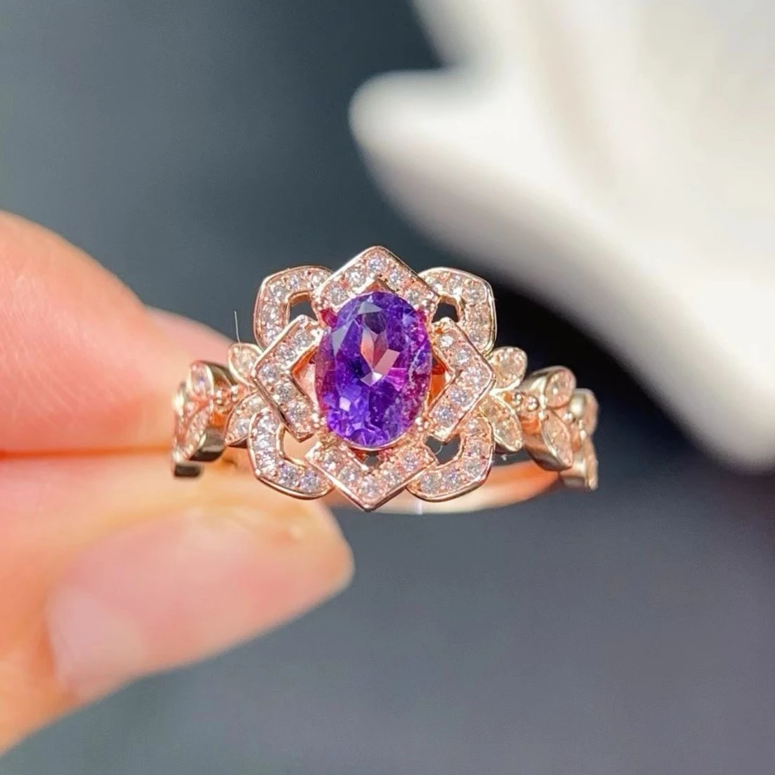Pure 925 Silver Crystal Ring 5x7mm 0.7ct Natural Amethyst Ring with Certificate 18K Gold Plated Amethyst Fine Jewelry