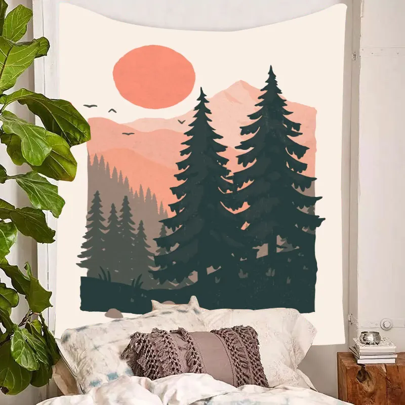 INS Sunset Mountain Forest Print Pattern Tapestry Simple Abstract Wall Hanging Home Bedroom  Canvas