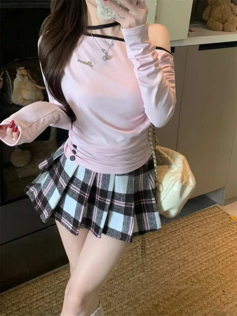 مثير غير المتكافئة الكتف طويل Sve الوردي تي شيرت المرأة الشتاء الخصر مقصوص سليم تصميم حار قاعدة طبقة أعلى irt