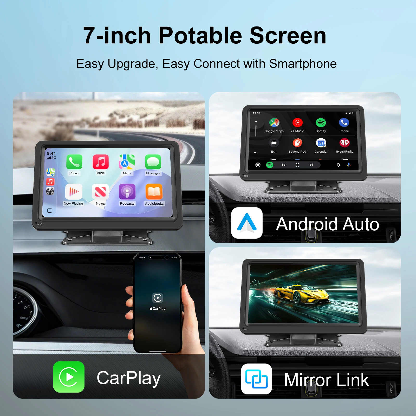 

Портативный 7-дюймовый сенсорный экран Ezonetronics с поддержкой беспроводного CarPlay, Android Auto и Mirror Link