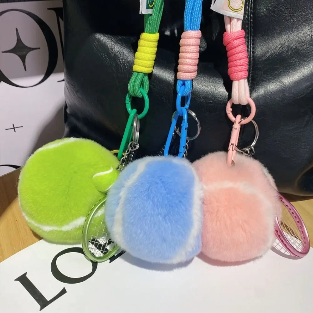 Plush Tennis Ball Plush Pendant Backpack Hanging Jewelry Rex Rabbit Fur Keyrings Trinket Anti Lost Plush Tennis Keychain