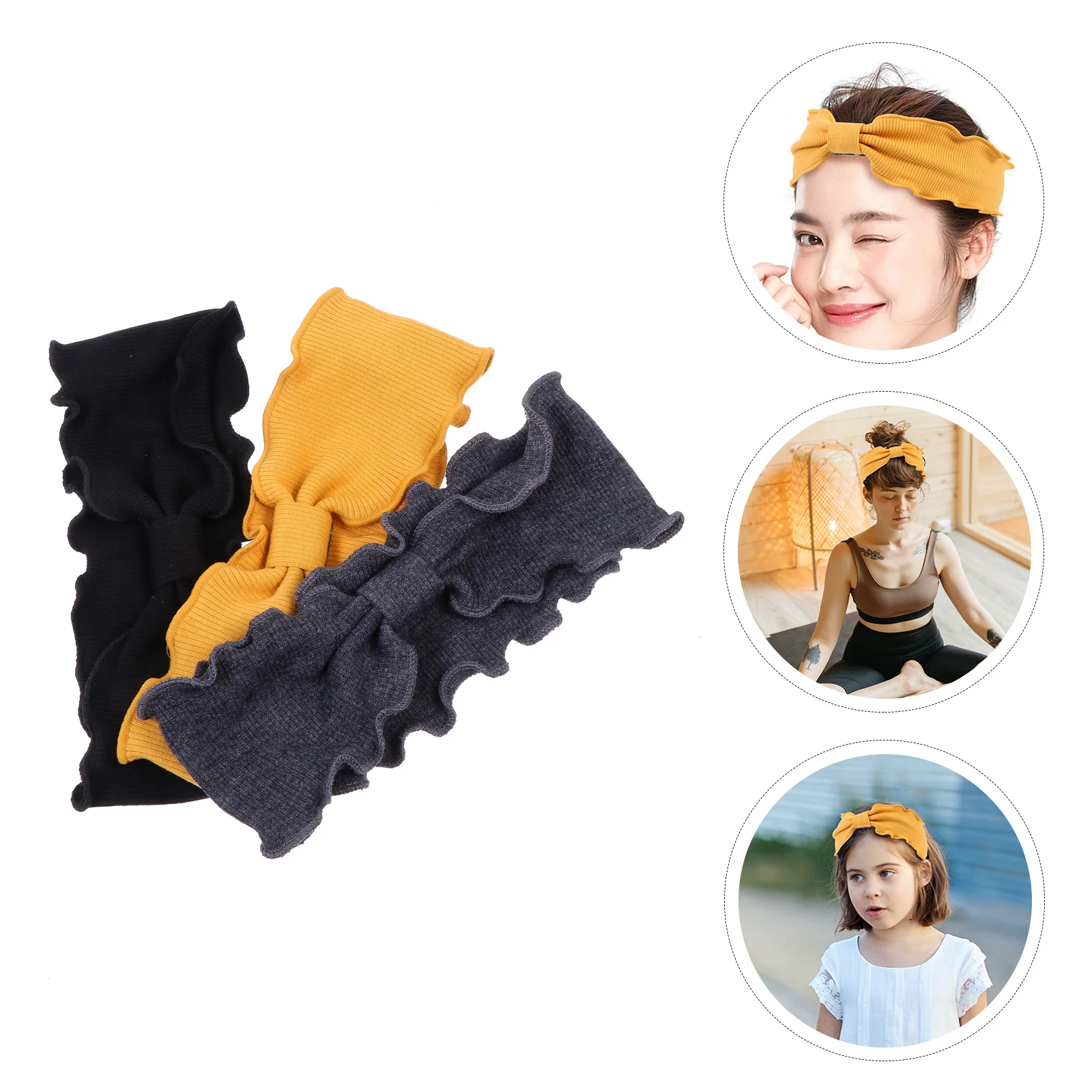 

3Pcs Bowknot Wavy Edges Headbands Yoga Exercise Women Stretchy Breathable Fitness Hairbands Fashionable Hair Accessory