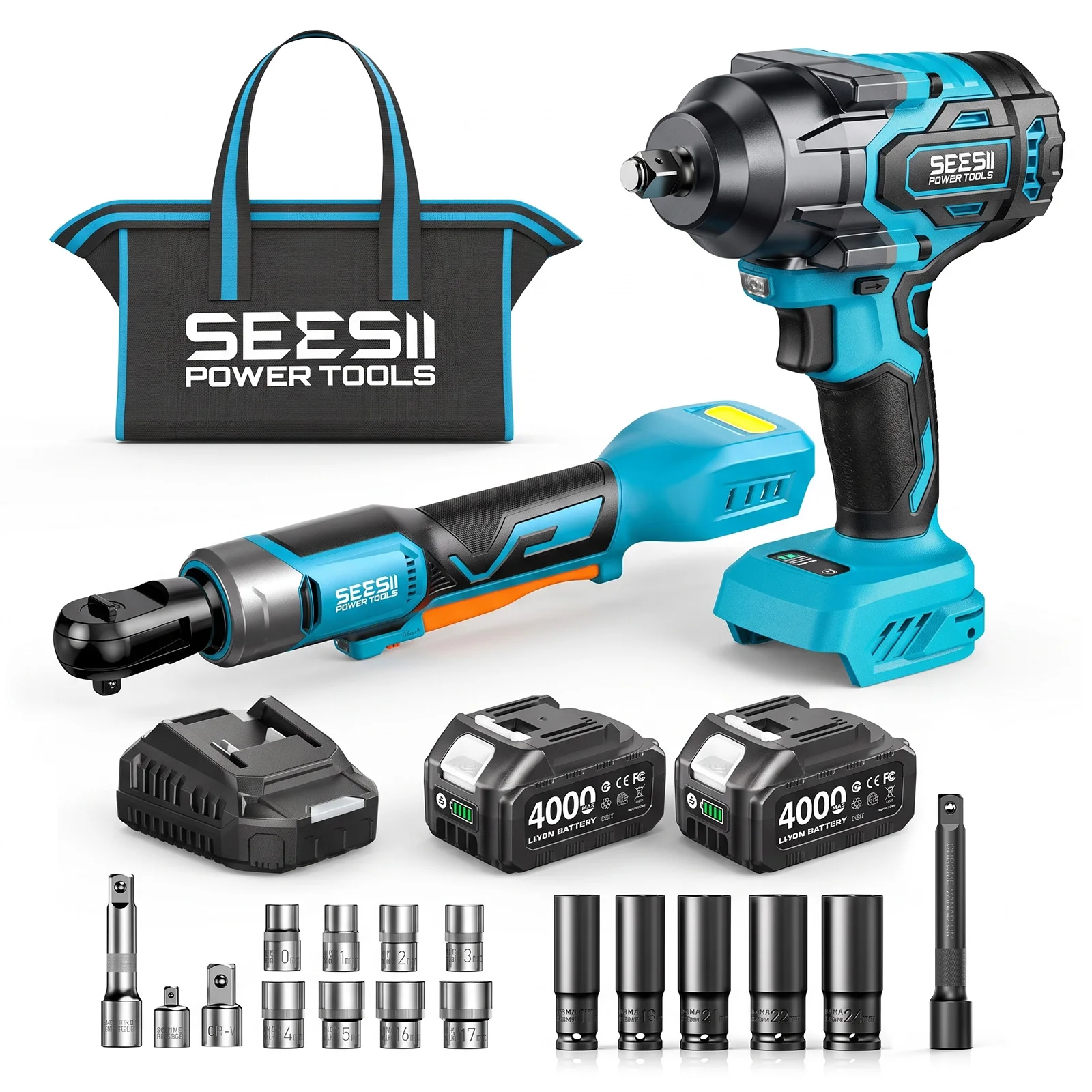 Seesii 3/8' Ratchet Wrench & 1000N.m Impact Wrench Kit Extended Cordless Electric Brushless 6' Neck 74 Ft-lbs Torque Impact Gun With 21v 4.0Ah Battery