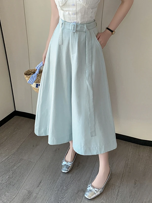 

Брюки-кюлоты с высокой талией и широкими штанинами, свободные женские брюки-юбка А-силуэта, повседневные брюки, лето 2025, с эффектом похудения, Sensa...