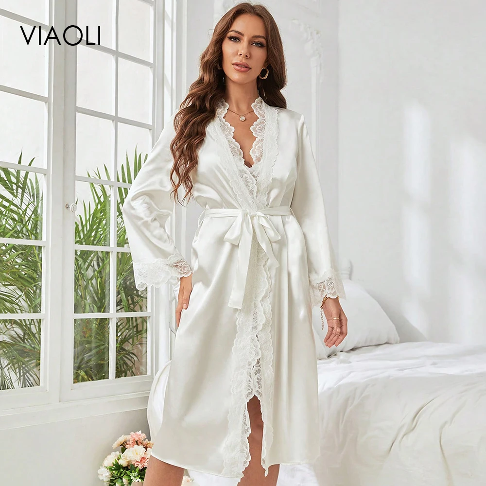 Solid Satin Sexy Night Robe Elegant Lace Border Nightgown Bathrobe Long Sleeve V Neck House Robe With Belt Women\'s Sleepwear New