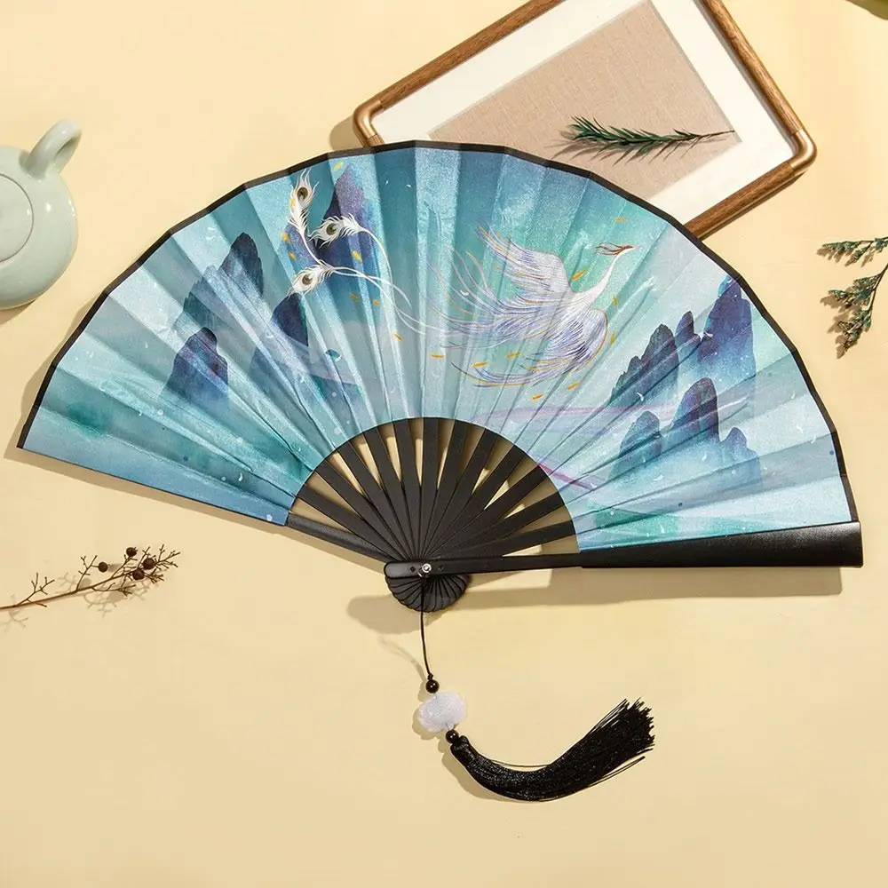 New Silk Vintage Folding Fan Colorful Bamboo Hand Fan Tassel Elegent Hand Fan Shank Classical Dance Fan Clothing Accessories