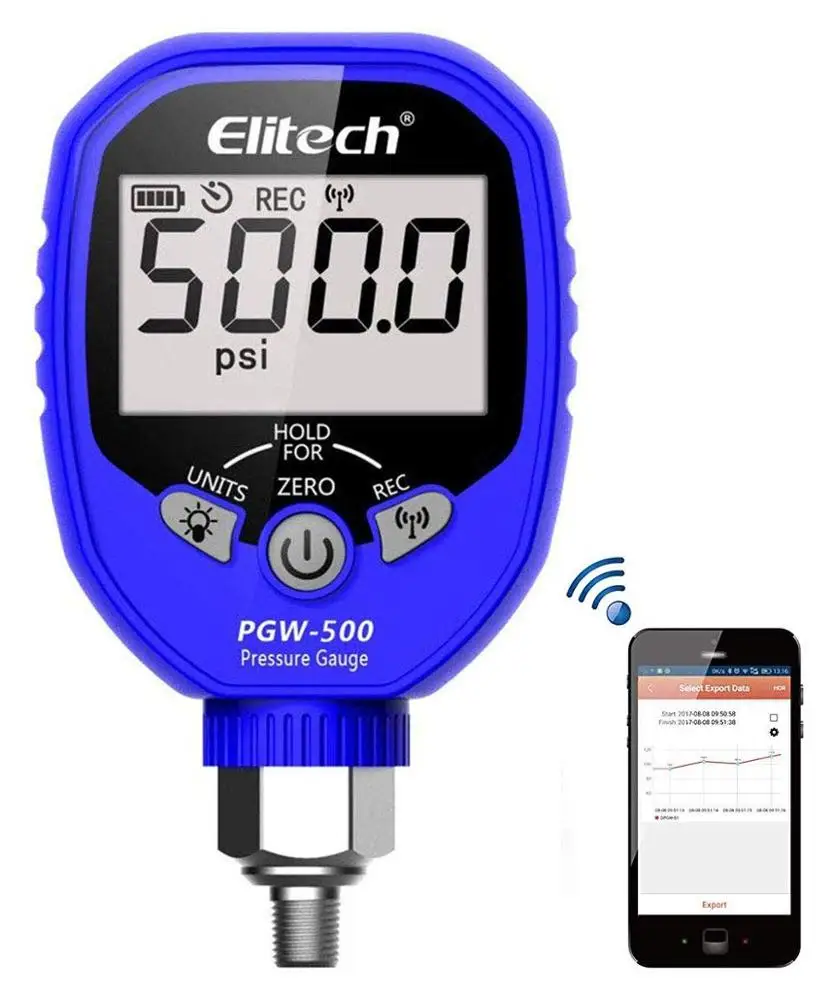 Elitech PGW-500 Wireless Digital Pressure Gauge with Temperature App Alerts for HVAC System IP65 Waterproof -14.5-500 PSI 1/8''