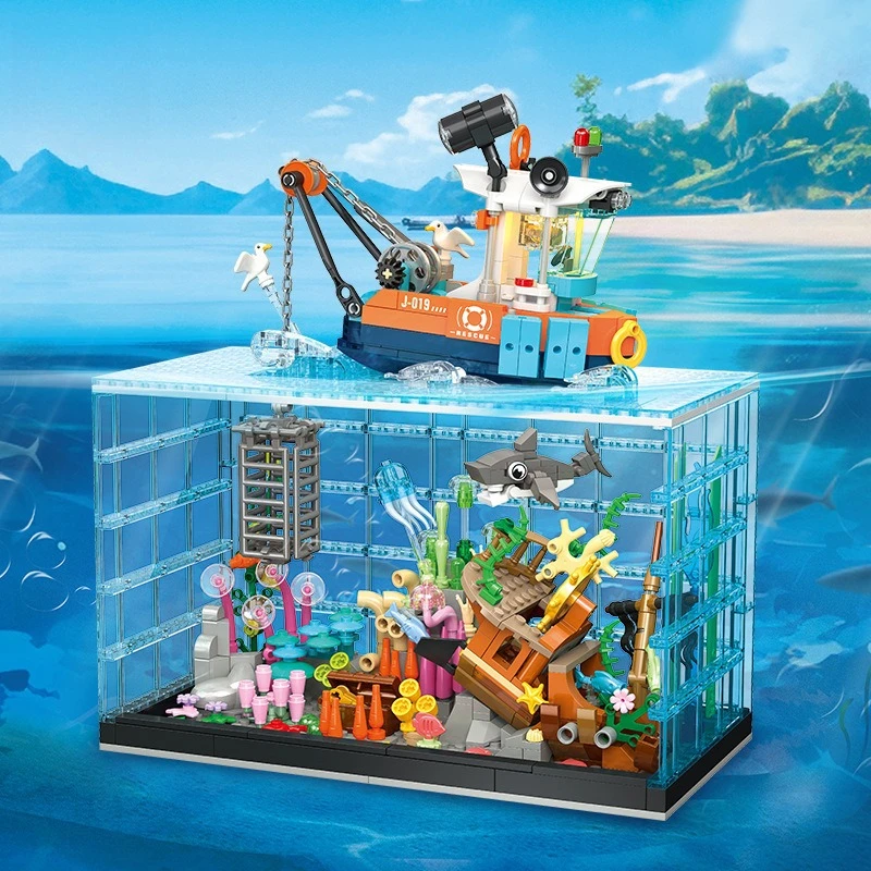 

9219 Diving Adventure Fish Tank with Light Building Blocks Boy Puzzle Assembly Toy Model Gift