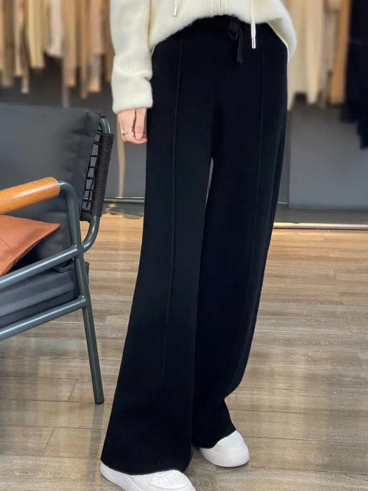 Wool Knitted Wide Leg Pants Women Autumn Winter Thickened High Waist Drip Feeling Cashmere Pants Coffee Straight Casual Pants