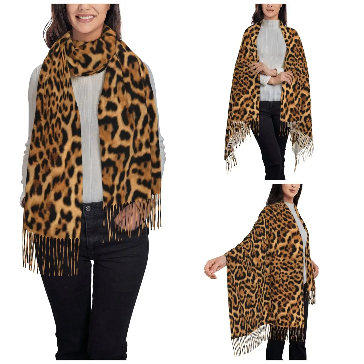 Womens Tassel Scarf Panthera Jaguar Fur Pattern Large Soft Warm Shawl and Wrap Leopard Cheetah Skin Texture Pashmina Scarves