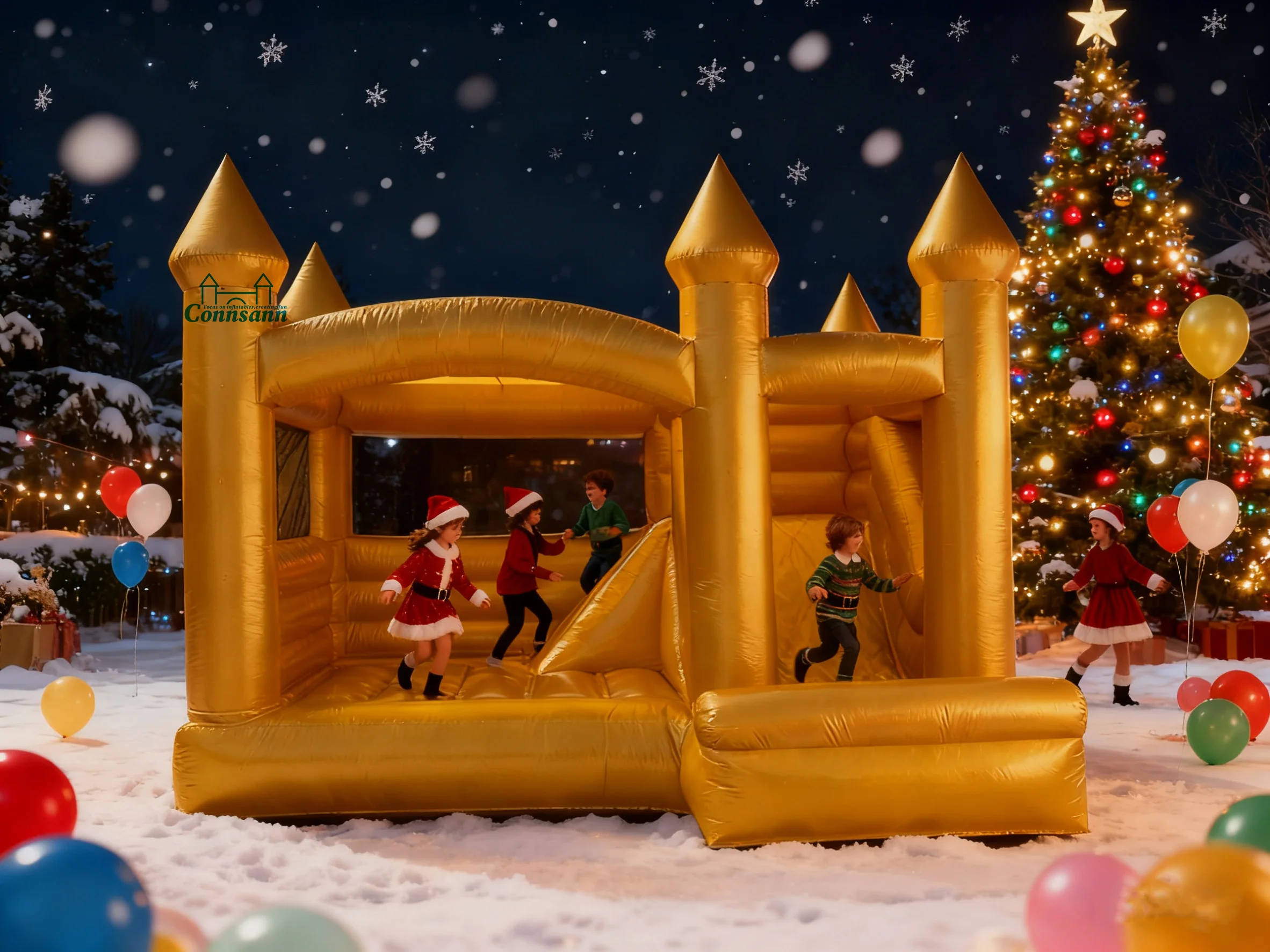 4.5M Golden Bounce House with Slide  Exciting Combo of Jumping Fun & Sliding Adventure for Kids - Ultimate Backyard Play Zone