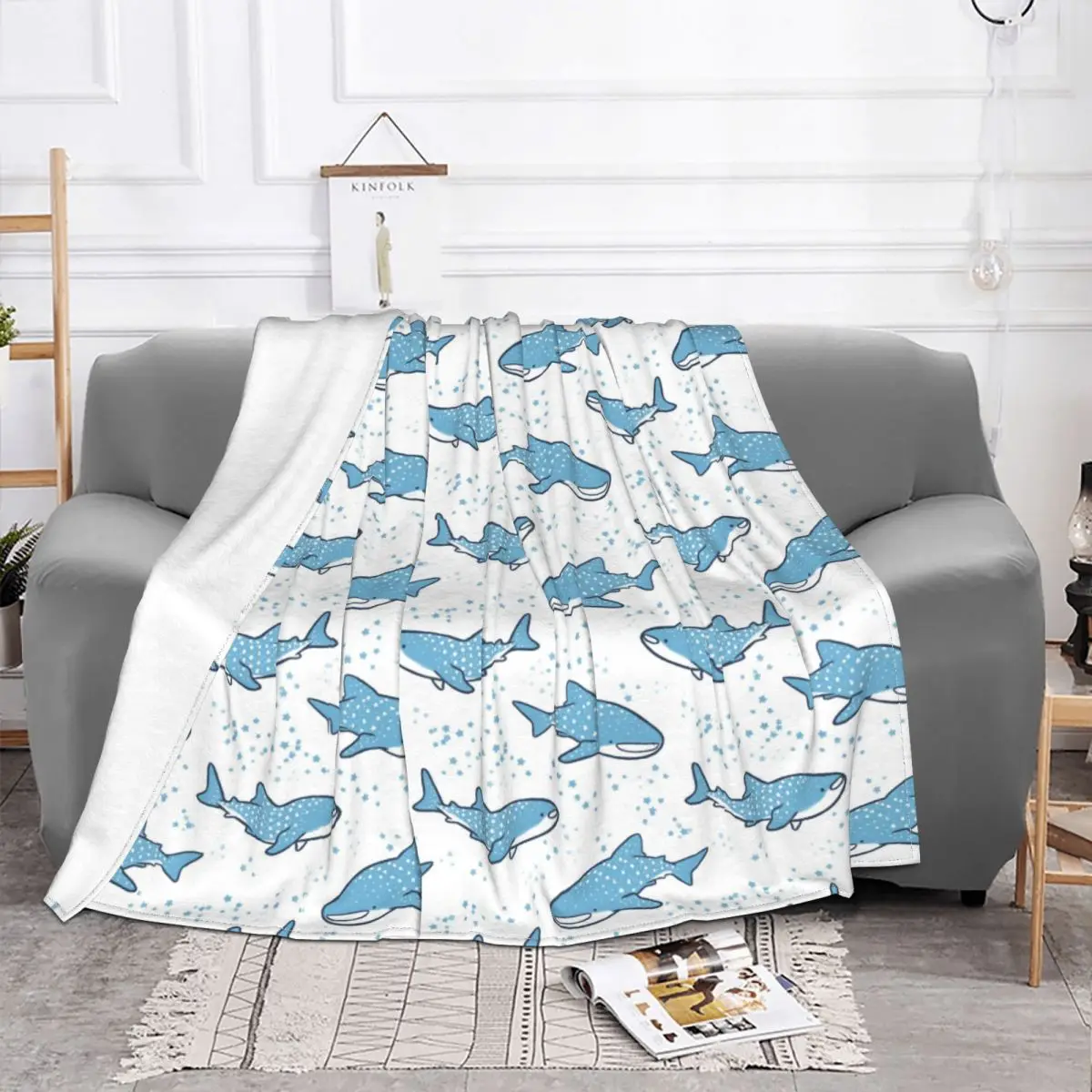 Starry Whale Sharks Fleece Throw Blanket Ocean Blue Sea Blankets for Bed Couch Soft Bedding Throws