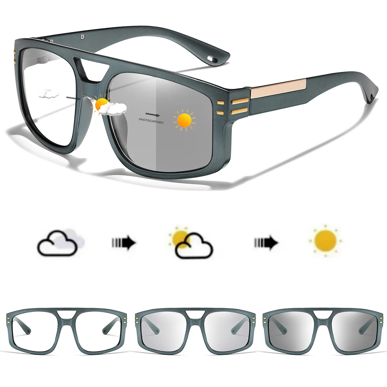 Lässige photochrome Sonnenbrille mit Etui für Damen und Herren, Outdoor-Sport, Radfahren, Angeln, Fahren, Golf, Strand, quadratische Schutzbrille – Detail 4