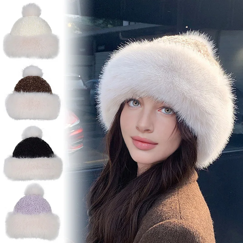 Fashion Winter Warm Fluffy Fur Bucket Hat Soft Thicken Plush Fisherman Hat Panama Cap Outdoor Ear Protection Berets for Women