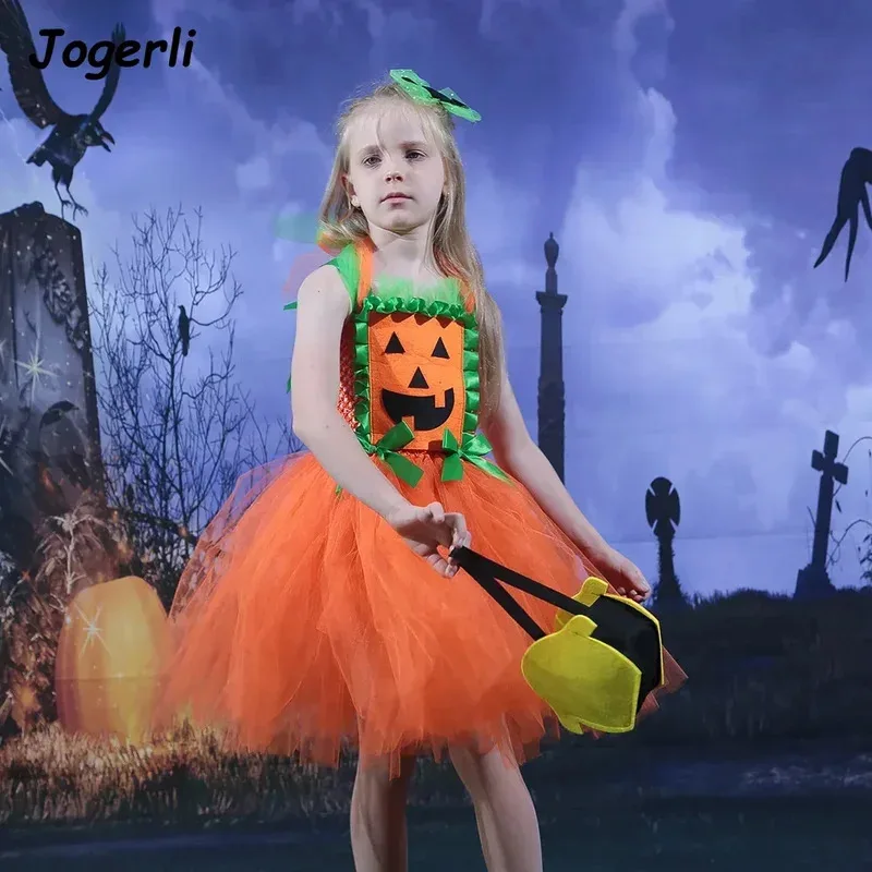 

Детский карнавальный костюм Jogerli на Хэллоуин, игривое платье тыквы, сетчатый тканевый костюм принцессы ведьмы, сценический костюм