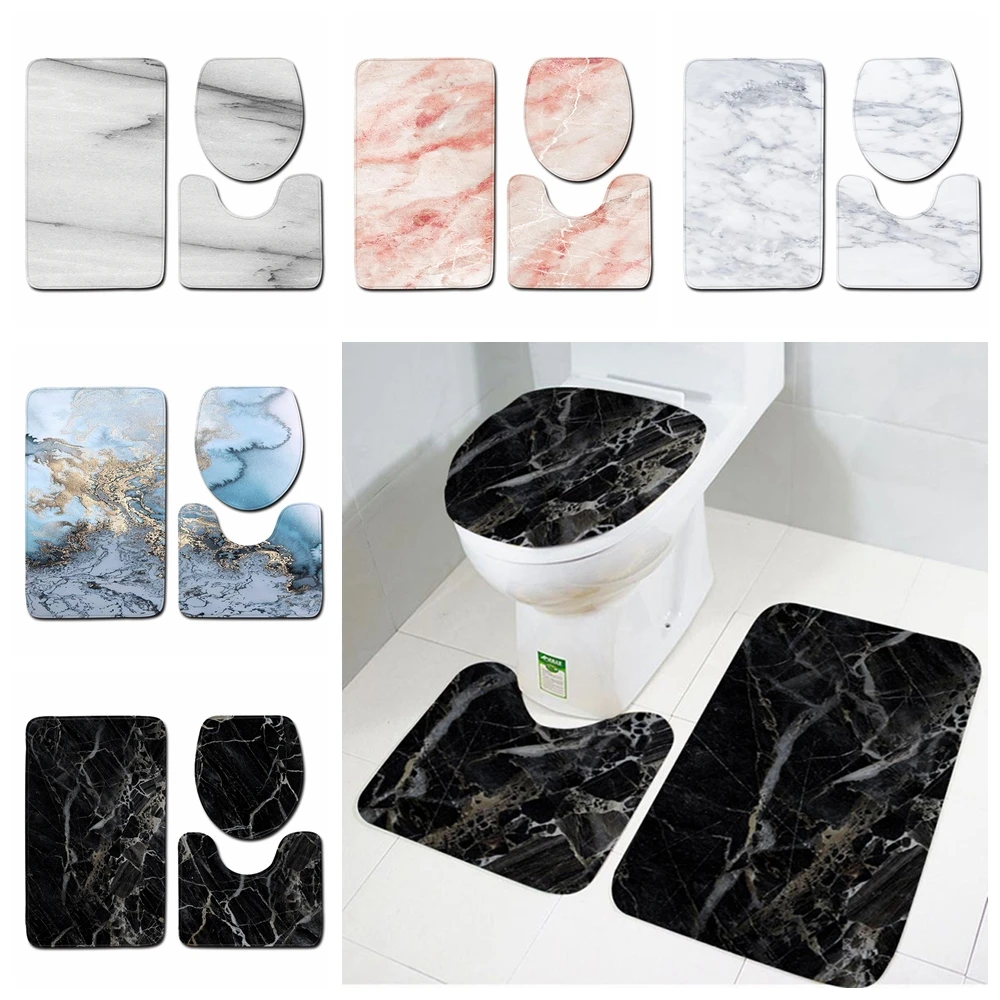 3pcs Marble Pattern Bath Mats Anti Slip Bathroom Mat Set Washable Toilet Seat Lid Cover Pedestal Rug Set Home Decor