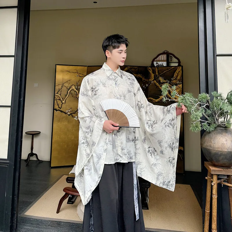 

New Chinese Style Lazy Print Shirt Men's Women's Spring Summer Loose Wide Sleeve Ancient Hanfu Top Youth Fashion Long Sleeve
