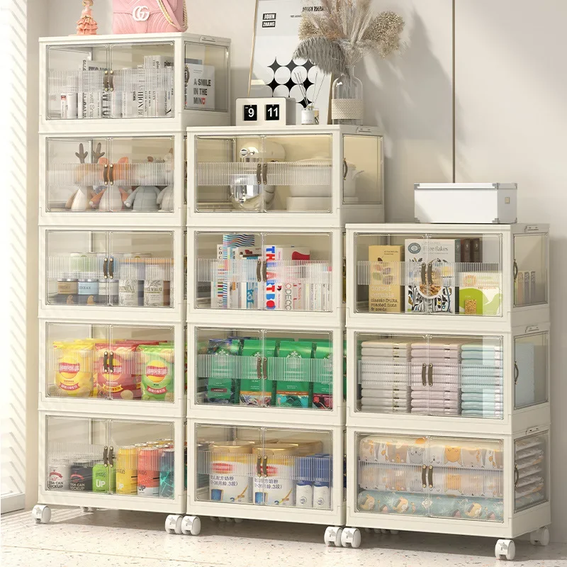 

Storage cabinet, multifunctional household storage box, multi-layer stacked double door with roller, clothing, toys