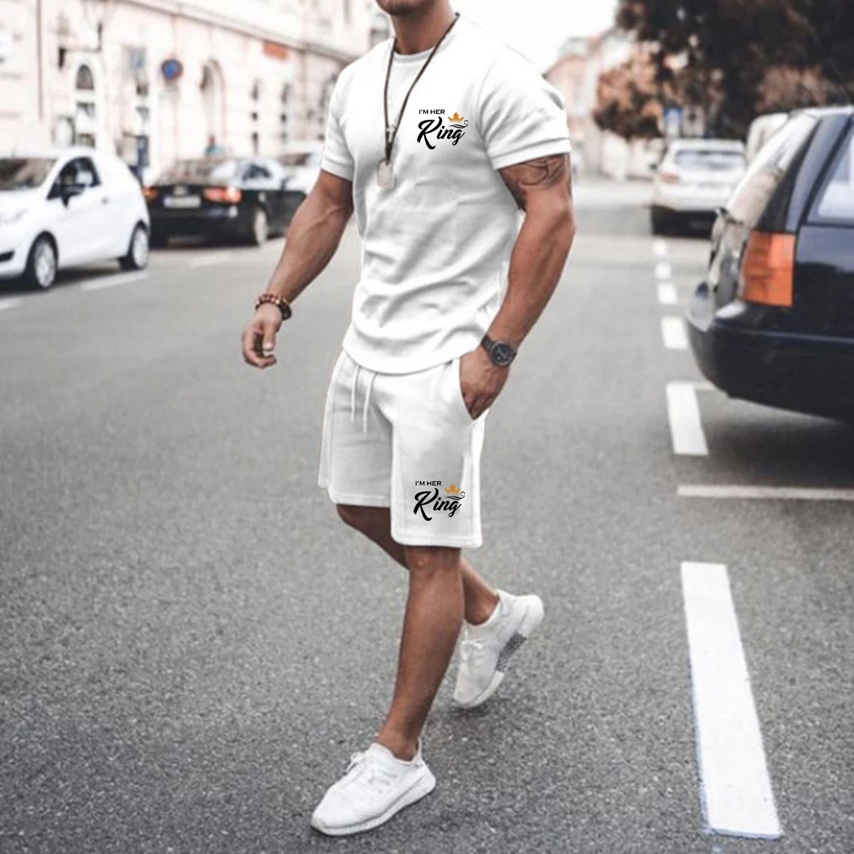 FEGKZLI Men's Sets 100% COTTON T Shirt and Shorts Fashion Letter K Printing Tow-Piece Summer Daily Casual Clothes Street Wear