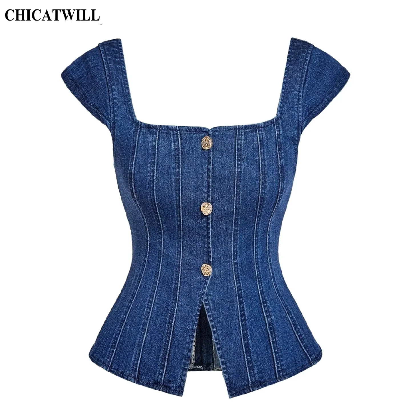 CHIC Summer New Elegant Fashion Sexy Tank Top Ladies Square Neck Zipper Split Camis Women Denim Blue Slim Girls Vest Female