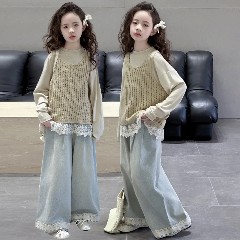 

Autumn Children Girls 3pcs Sets Solid Round Neck Top+Knitted Vest+Wide-leg Denim Pant Kids Girls Sets Long Sleeves 4-14 Girl Set