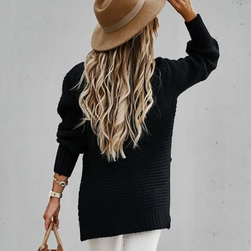 Pull épais à manches longues et col mi-haut pour femme, vêtement ample et fendu, mode coréenne, noir, nouvelle collection automne hiver 2025