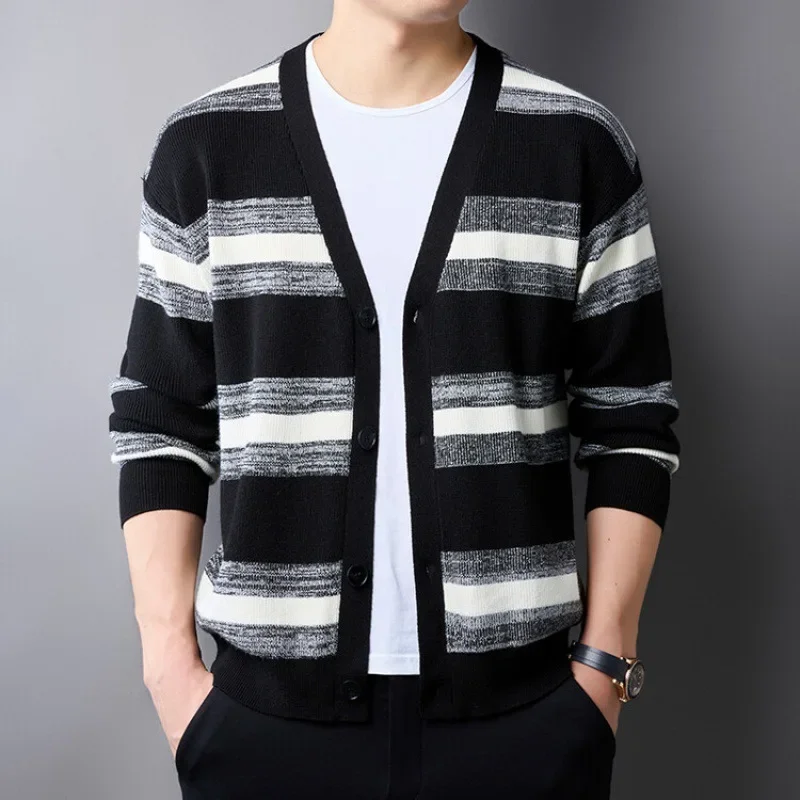 2024 Men's Autumn New Casual Retro Striped V-neck Cardigan Sweater Teenagers Versatile Brocade Sweater