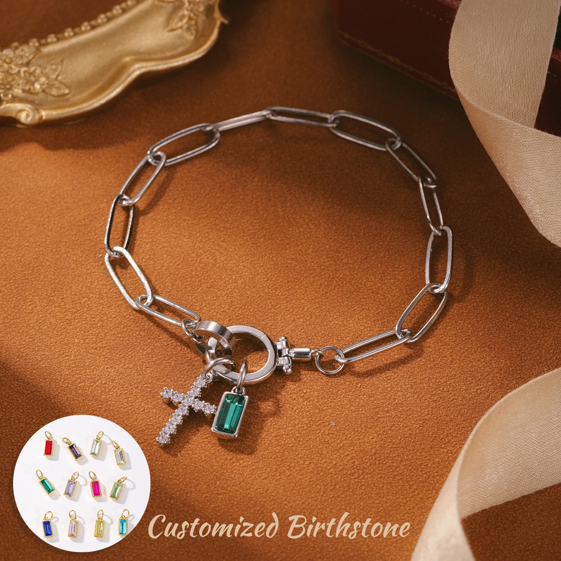 

Персонализированный браслет с крестом и камнем, ювелирные изделия с крестом на заказ, 18-каратное позолоченное браслет скрепки для бумаги на месяц, Рождественский подарок для женщин