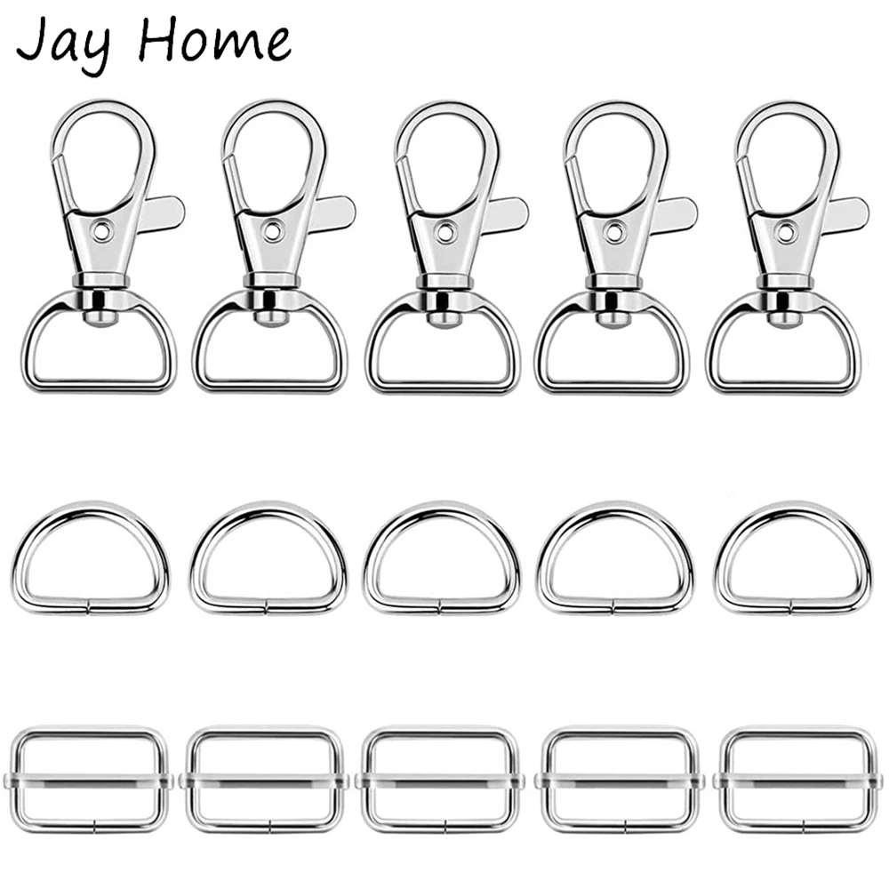 15Pcs Metal Keychain Clasps Swivel Snap Hooks D Ring and Slide Buckle Triglide for Handbag Purse Fasteners Sewing DIY Crafts