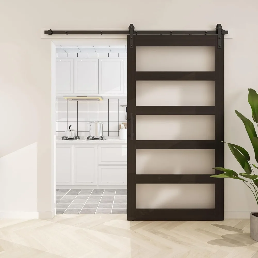

Glass Barn Door with 7FT Sliding Door Hardware Kit Included & Handle,5-Panel Frosted Glass Solid Wood Slab