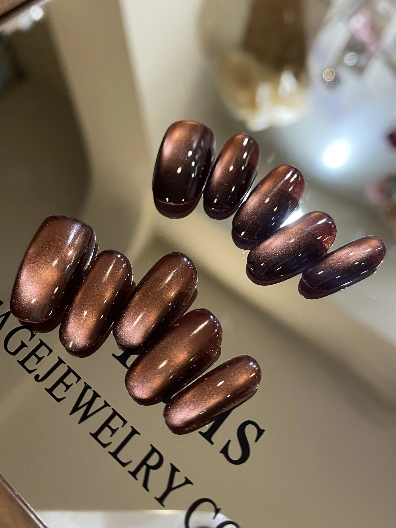 10Pcs Press on Nails Short Brown Cat Eyes Fake Nails Includes 1 Sheet Adhesive Tabs & 1 Pc Mini File image 3