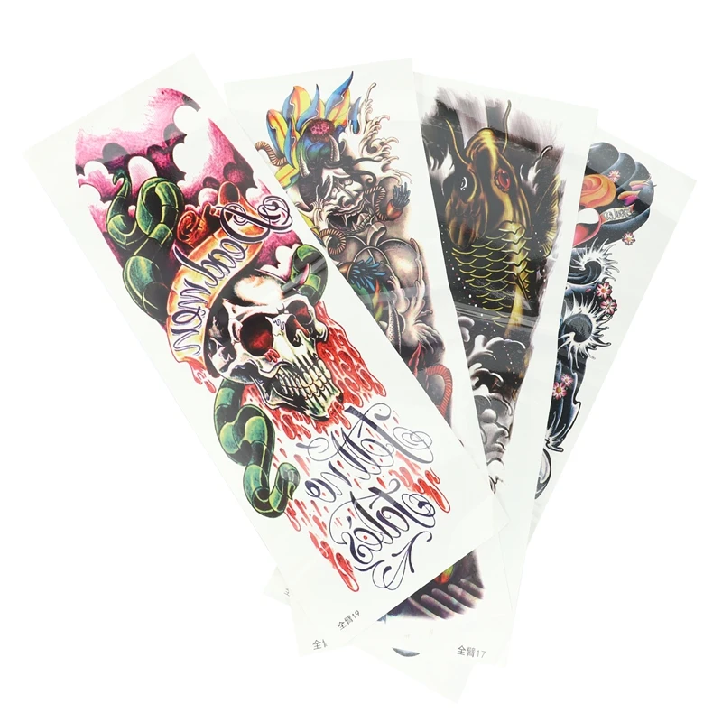 4Pcs/Lot Waterproof Temporary Tattoos Fish Skull Color Full Arm Mechanical Pattern Tattoos Applique Arm Full Arm Tattoos Sticker