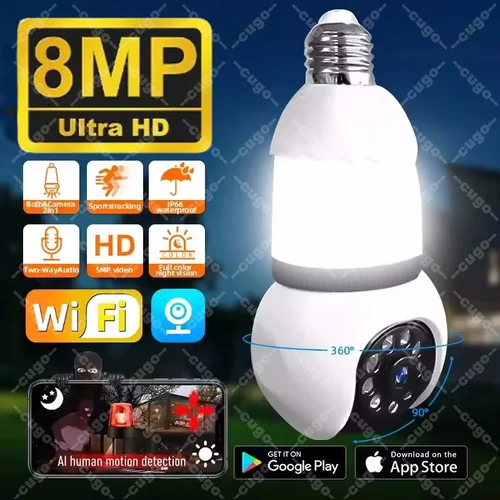 Cámara inalámbrica con bombilla E27 de 8MP, bombilla LED y cámaras 2 en 1, WiFi, Audio bidireccional, vigilancia de seguridad CCTV, cámara PTZ de seguridad, seguimiento inteligente