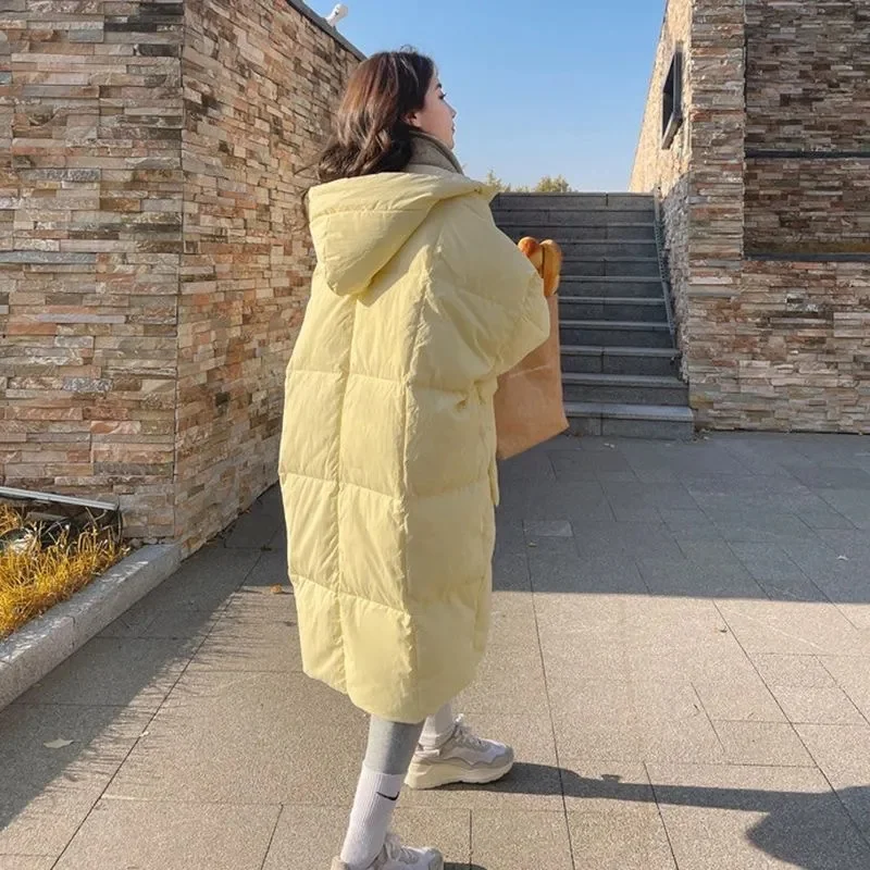 Cream Yellow Down Cotton Jacket For Women Mid Length 2023 Winter New Loose Fitting Cotton Coat With Thickened Warm Jacket Trend